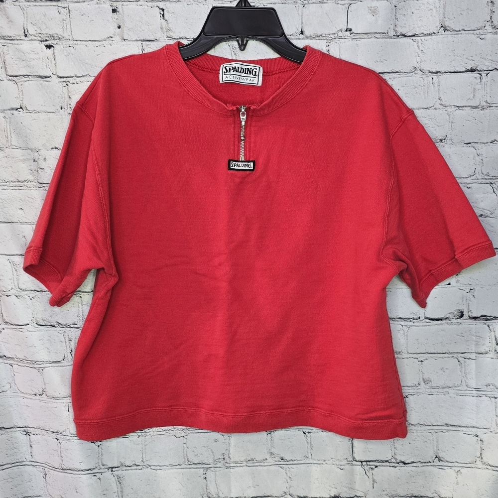 Vintage Spalding Red Half-Zip Cropped Short‎ Sleeve Workout Crew Neck